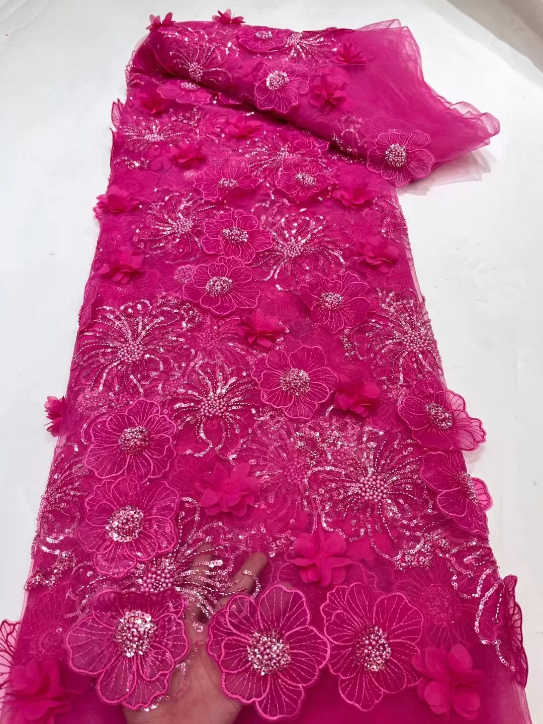 

Hot Pink New Arrival Heavy Beaded Design 3D High Quality African Sequins Lace Material Luxury Sewing Fabric for Women Dress