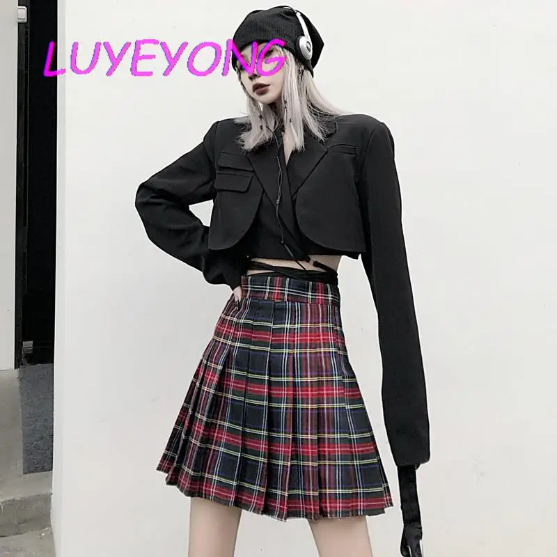 

Harajuku Girl Zipper Lining Japanese Dresses Lady A-line Check Slim Mini Skirts Gothic Female Plaid Pleated Skirt 2022 Summer
