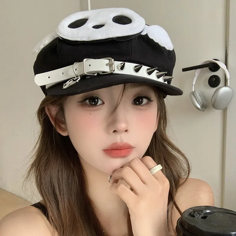 

Japanese Niche Y2k Panda Rivet Pendant Decorative Beret Cap Spring and Summer Street Trend Women's Sunshade Newsboy Hat