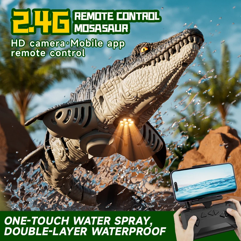 2.4GHz Simulation Dinosaur Rc Toys Remote Control Boat with Light and Spray for Swimming Pool Bathroom kids toys For Boys Gifts