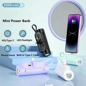 3000mAh Mini Power Bank with Cable Stand LED Light Portable Charger External Battery Powerbank for iPhone Huawei Xiaomi Samsung