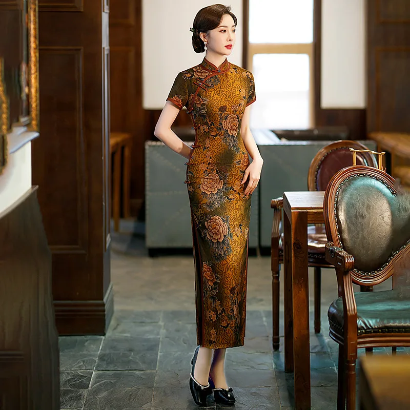 

Elegant Mandarin Collar Satin Long Style Cheongsam Women Chinese Short Sleeve Handmade Button Qipao Dress
