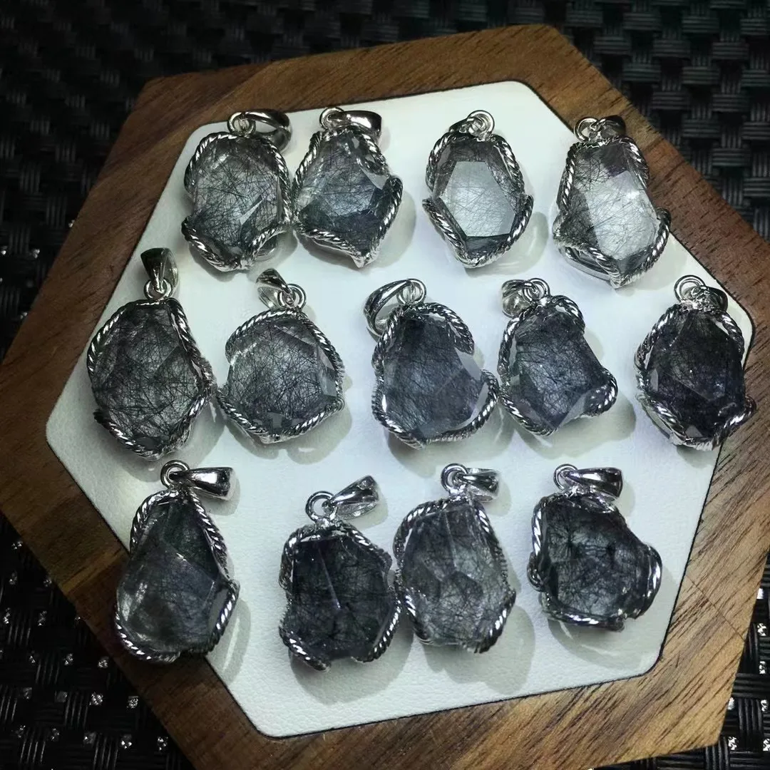 

Unit One Piece 925 Silver Buckle With Hot Sale Natural Black Silver Rutile Quartz Crystal Healing Free Form Pendant For Gift