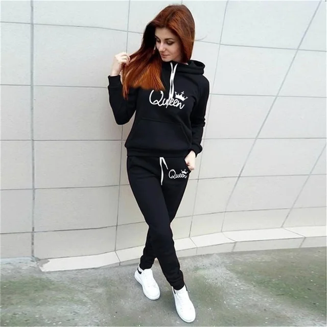 Ensemble 2 pièces sweat à capuche imprimé Queen pour femme, pull tendance, haut et pantalon de jogging_voghion.com