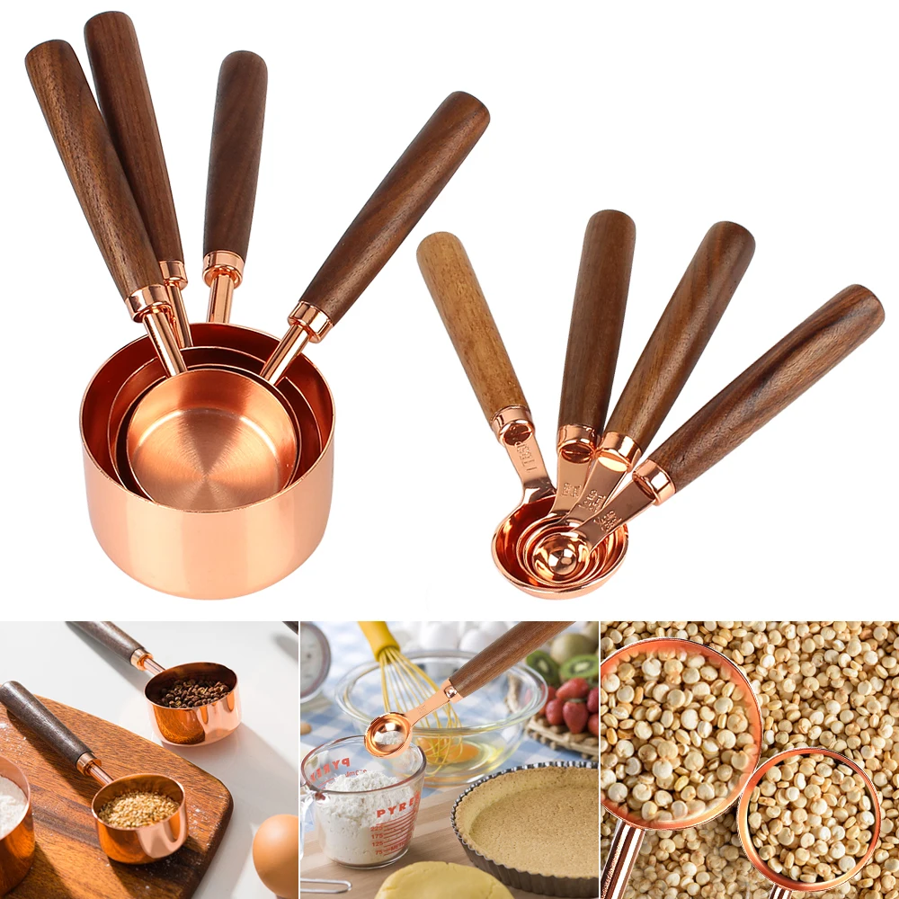 

Coffee Bartending Scale Kitchen Gadget 8Pcs Measuring Spoon Set Wooden Handle Measuring Cups Kitchen Accessories Stainless Steel