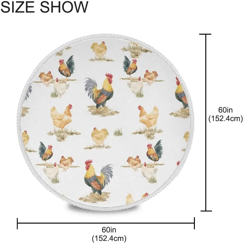 Table Decoration for Party Watercolor Rooster Round Tablecloth Lovely Chicken Polyester White Lace Tablecloth 60 Inch for Dinner