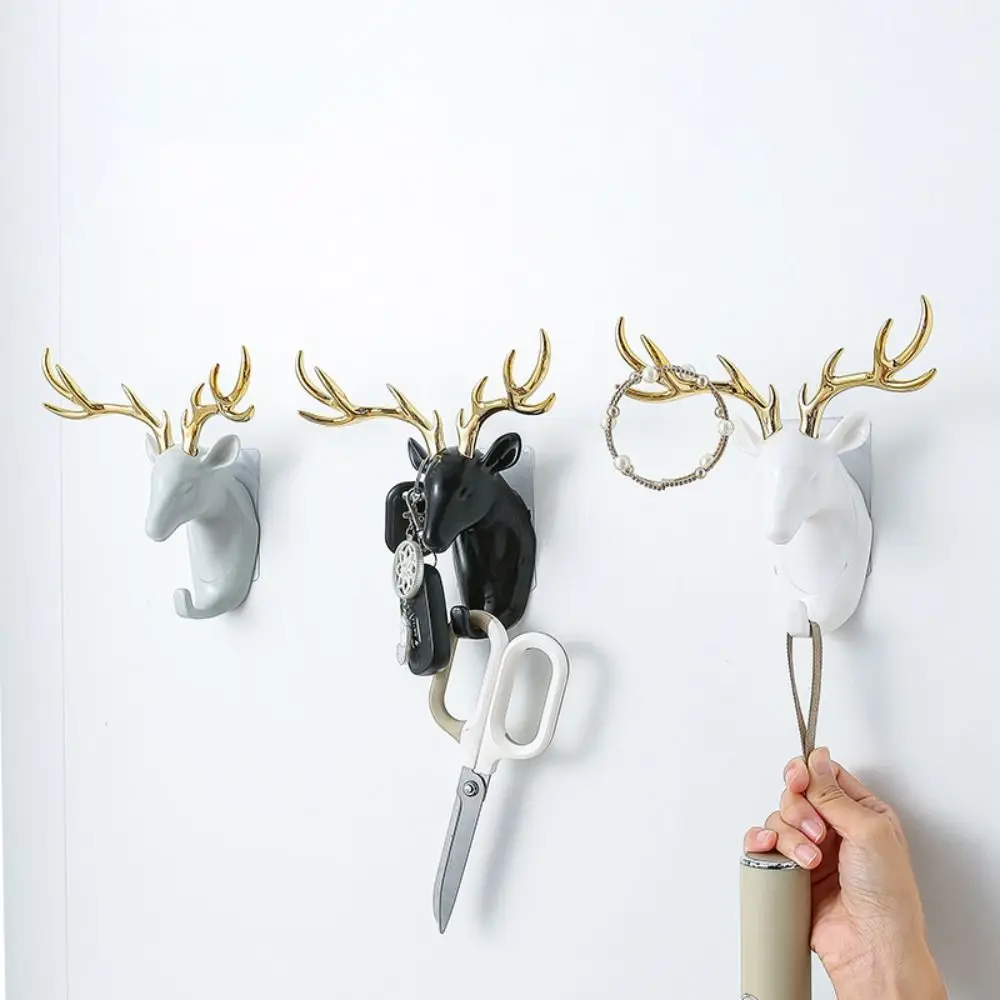 New ABS Deer Head Hanging Hook Animal Wall-Mounted Deer Antler Decoration Hook No-mark Installation Hat Key Hanger
