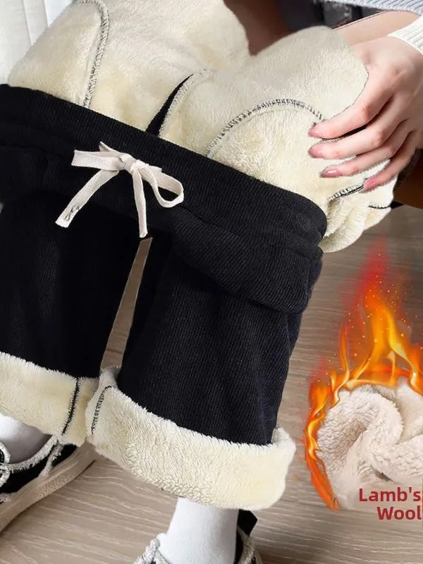 Lamb Fce Lined Casual Thiened Corduroy Wide Leg Pants Women's Autumn Winter Faion Warm Straight Cut Trousers - Image 2