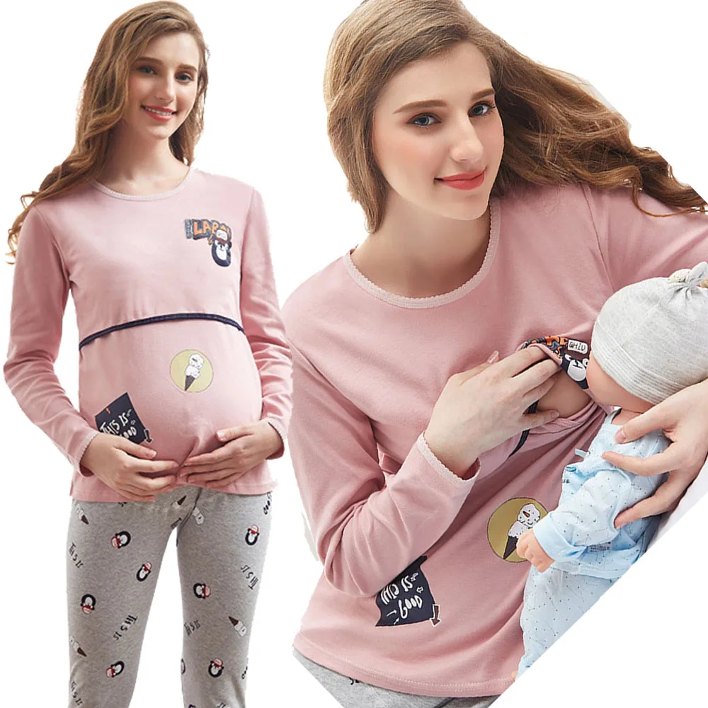 

Maternity Women Pajama Nursing Nightgown Sleepwear Top Breastfeeding Long Sleeve Shirt Ajustable Pants Pregnancy Leggings