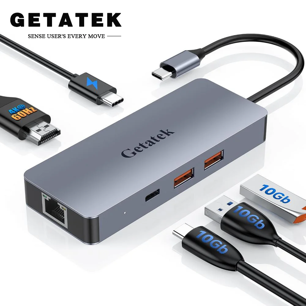 Getatek USB 3.2 Hub 6-in-1 USB C Multiport Adapter with 4K@60HZ HDMI 100W USB C PD Charging RJ45 Suit for MacBook/Dell/Lenovo