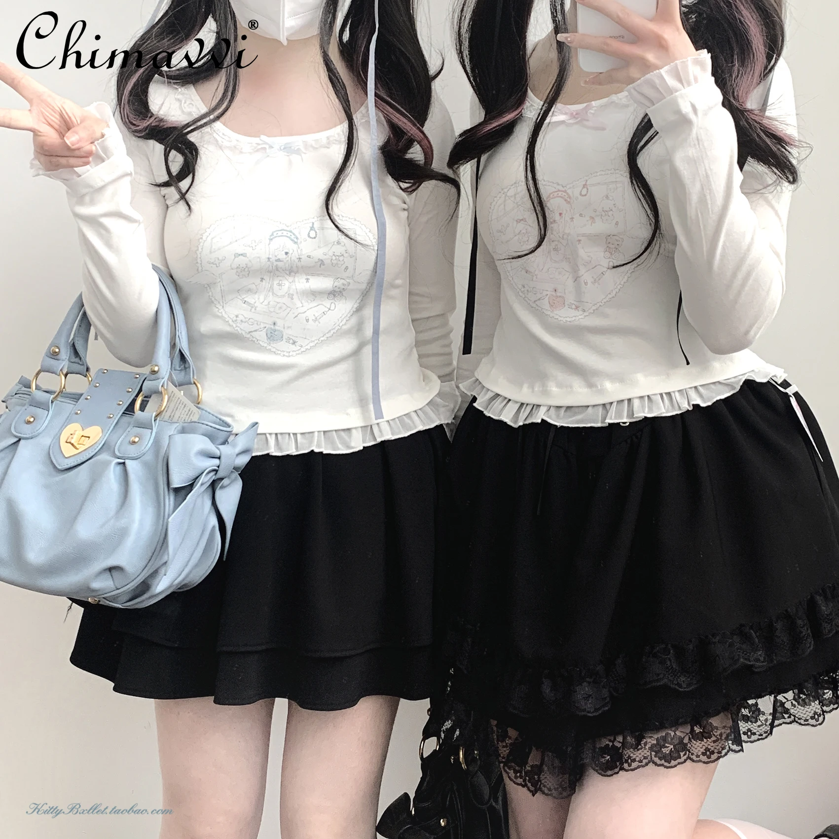 

Japanese Mine-Style Mass-Production Lace Comfortable Water Color Basic Top Autumn Long Sleeve T-shirt Women Girls Y2k Top Tees