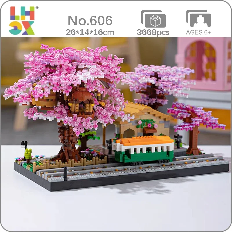 Lhcx 606 Architettura Mondiale Cherry Tree House Train Flower Railway Station House Mini Diamond Blocks Mattoni Building Toy No Box