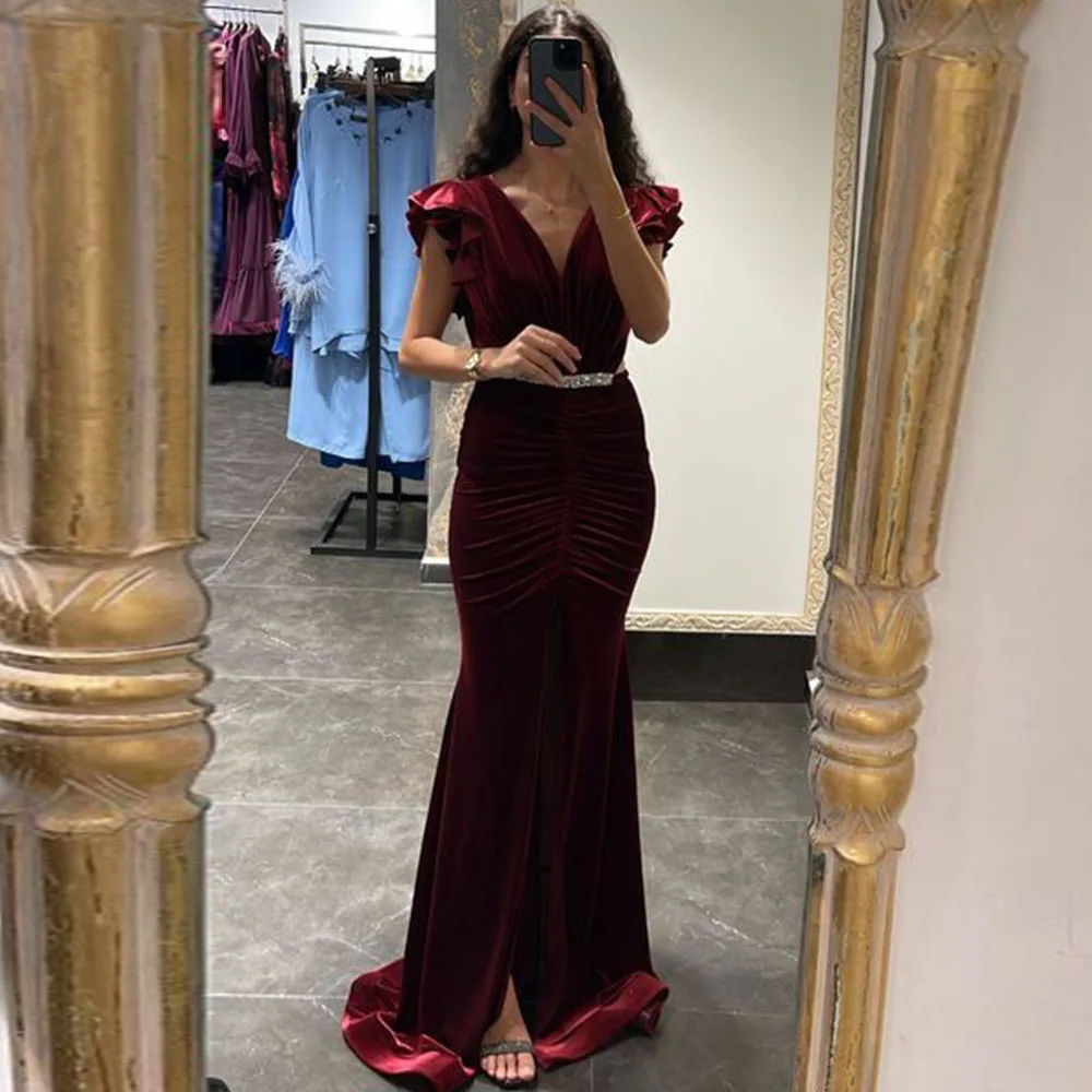 

Burgundy Mermaid Party Dresses Short Sleeve V Neck Sexy Floor Length Side Split Simple Wedding Party Gowns Satin Backless 2023
