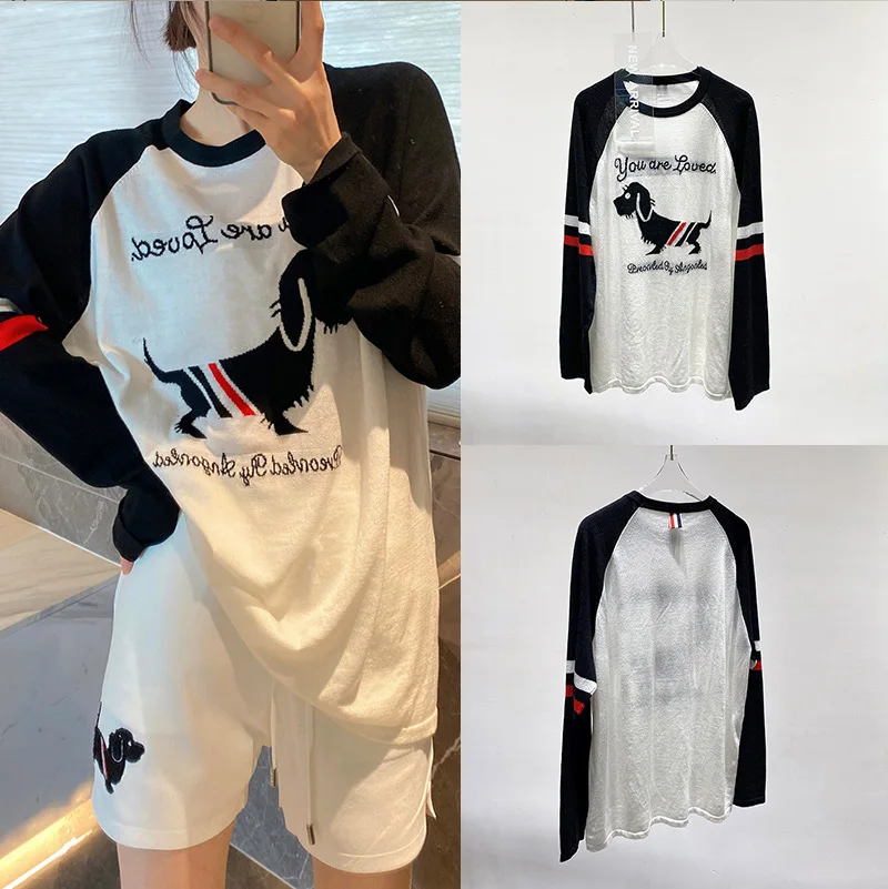 high-quality-tb-puppy-print-contrast-panel-long-sleeve-t-shirt-women's-spring-summer-2023-new-fashion-versatile-casual-loose-top