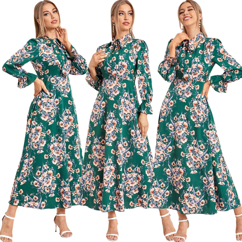 

Женское платье макси с цветочным принтом, длинным рукавом и поясом на резинке