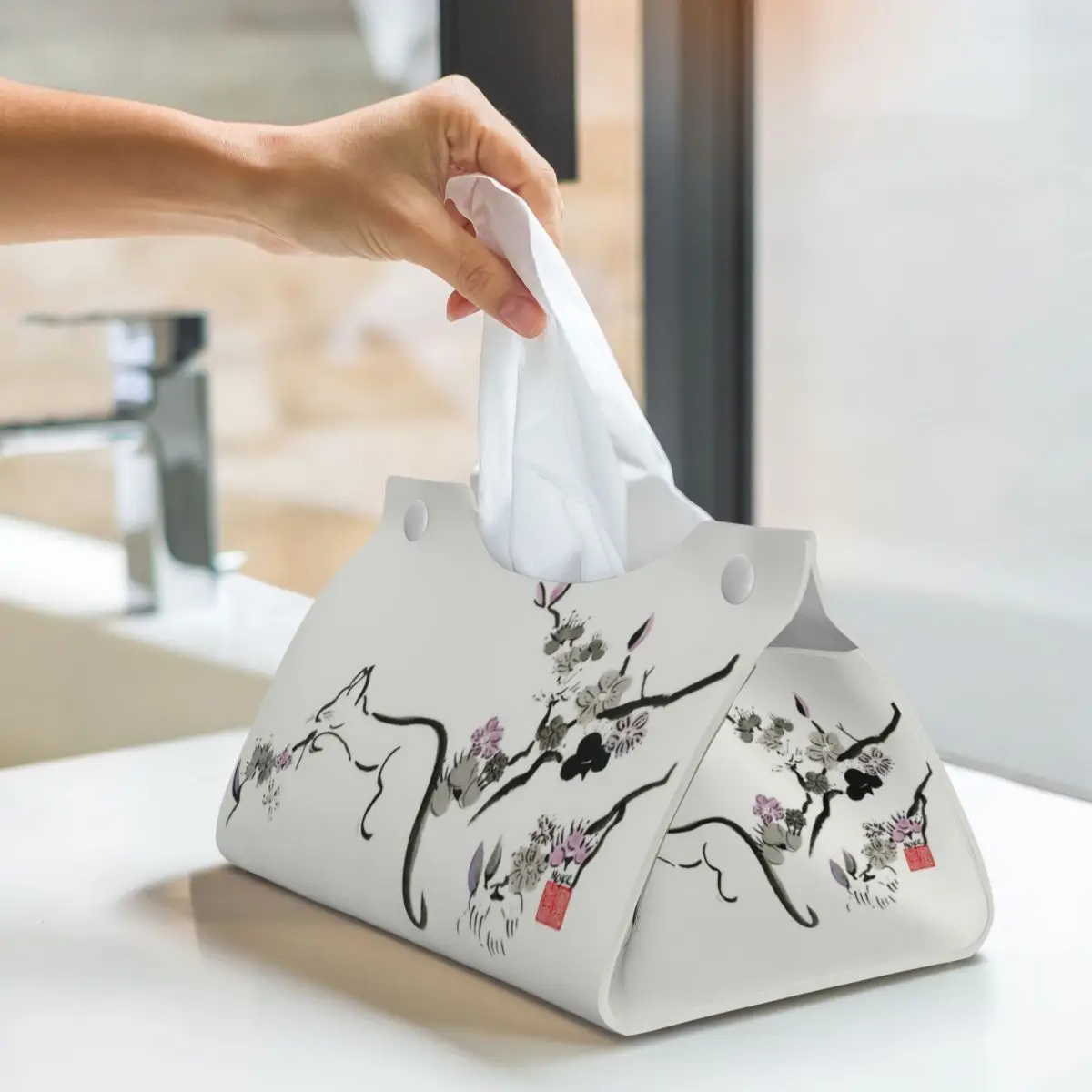 Custom Cat In Cherry Blossom Tree Tissue Box Holder Rectangular Kitten PU Leather Facial Tissue Box Cover for Car Home 6