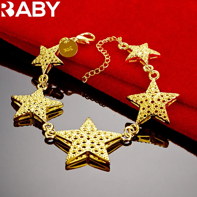 

URBABY 925 Sterling Silver Bracelet 24K Gold Five Star Chain Bracelet For Women Wedding Fashion Party Jewelry Charm Accessories