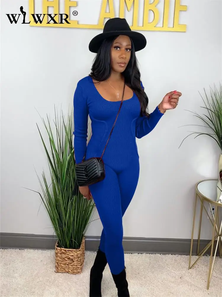 

WLWXR Fall Black Ribbed Jumpsuit For Women Tracksuit One Piece Casual Outfits 2022 O Neck Long Sleeve Bodycon Jumpsuit Female