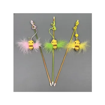 Random Color Cat Teaser Wand Funny Fake Feather Little Bee Design Kitten Teasing Stick Cat Wand Interactive Pet Toy 1