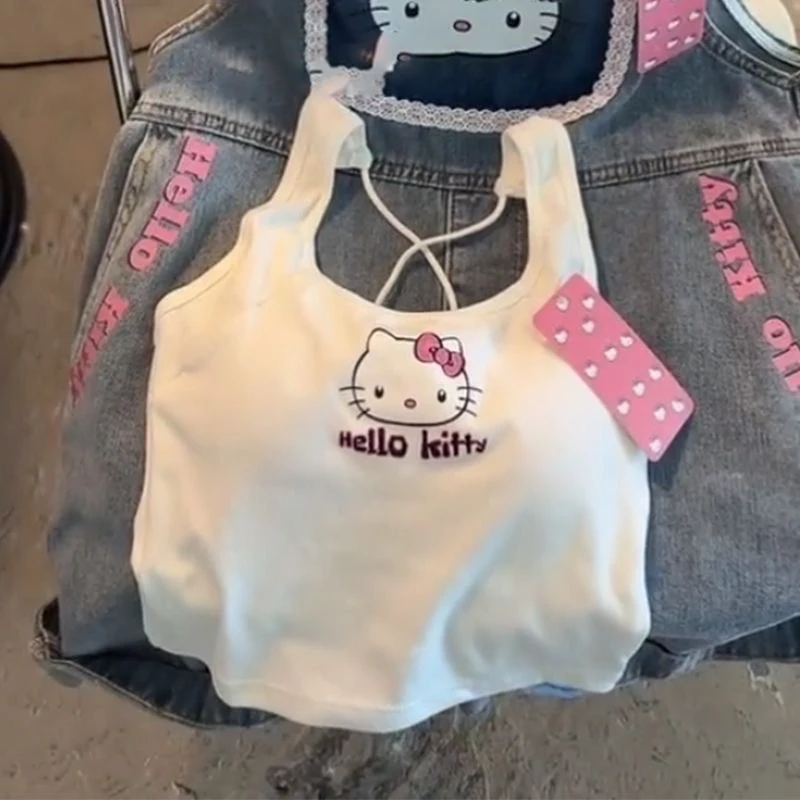 

Cartoon HelloKitty Cross Back Strap Tank Tops With Chest Pads Women's Slim Trend Crop Tops Spicy Girls Underwear