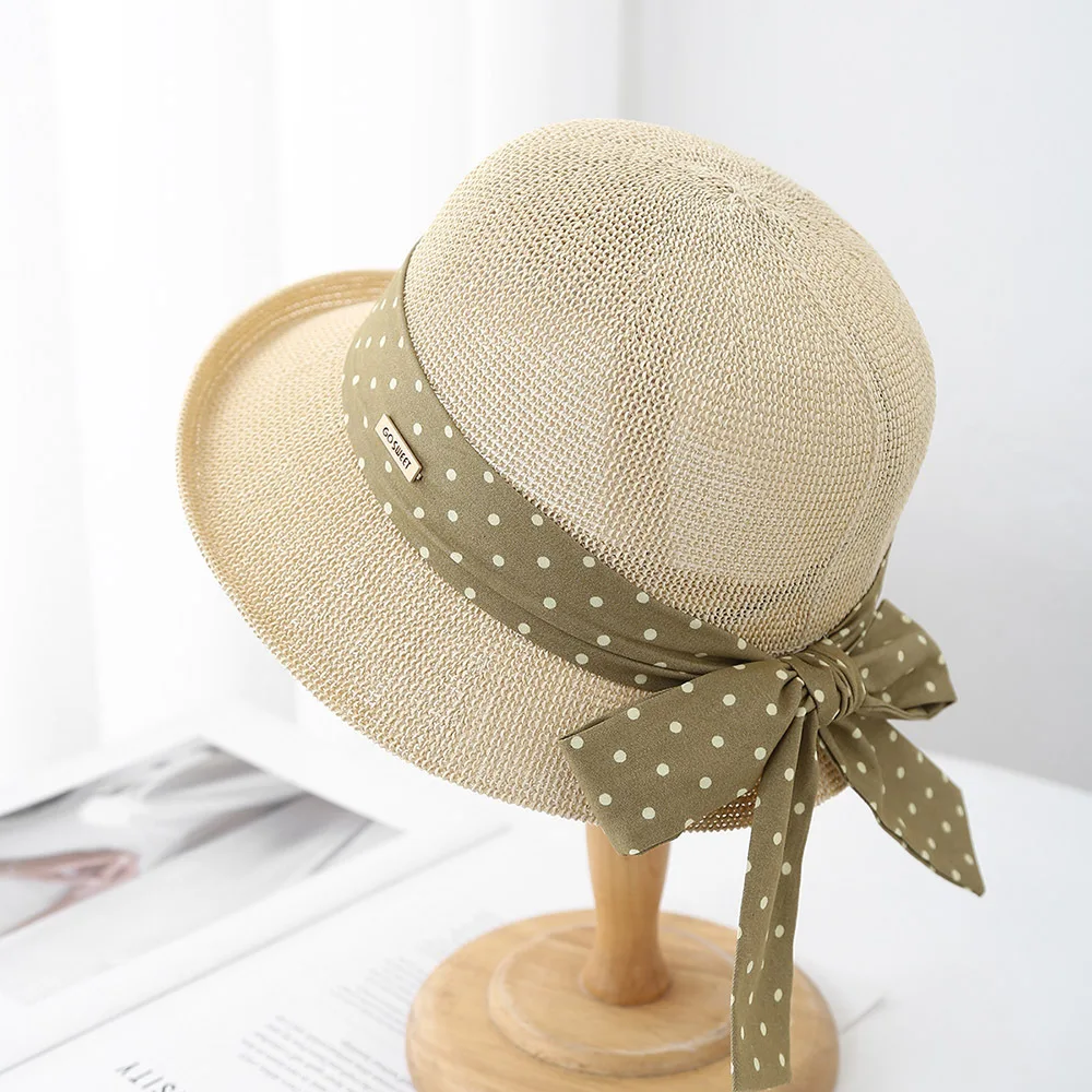 Damenmode, gekräuselter Sonnenhut, süßer Punkt, Schleife, Meer, Outdoor-Hut, atmungsaktives Design für Sommer, Strand, Reisen, Sonnenschutz, 2025, Neu – Detail 4