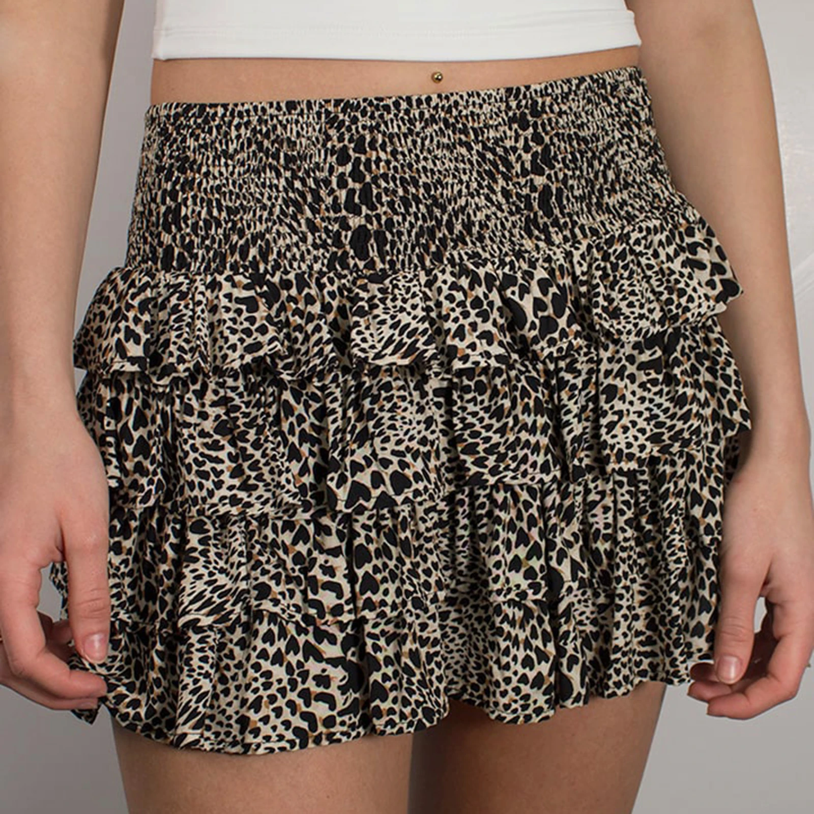 

Женская плиссированная юбка, винтажная короткая юбка с леопардовым принтом и оборками в несколько рядов