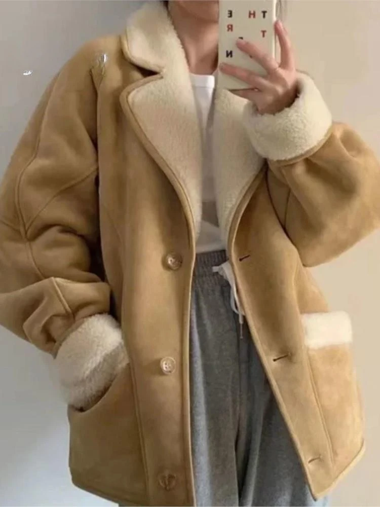 

Fashion Lamb Wool Leather Jacket For Women Elegant Lapel Thicken Warm Overcoat New Chic Suede Short Coat Lambskin Outwear 2023