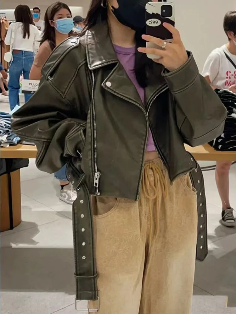 

Fitaylor/Новинка; Сезон весна-осень; Женская уличная куртка из искусственной кожи на молнии с отложным воротником и поясом; Винтажная Байкерская короткая куртка из искусственной кожи