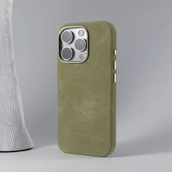 Magnetic Wireless Charging Phone Case with Retro Flannel Fibre and Metal Lens Armor Cover - iPhone 12 Pro (Green)