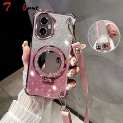 Glitter Plating Mirror Shockproof Crossbody Lanyard Phone Case with Magsafe Holder for Honor 100 Pro (PINK)