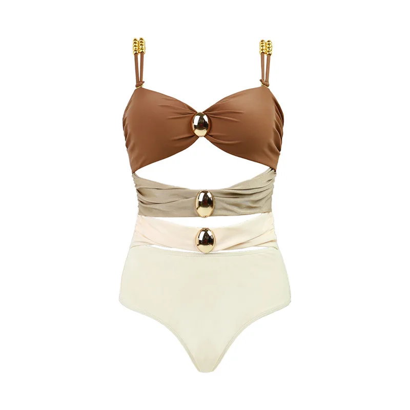 Cikini-Colorblock Cut-Out Swimsuit for Women, Sexy Spaghetti Strap, One-Piece Swimwear, Beach Bathing Suit, Summer