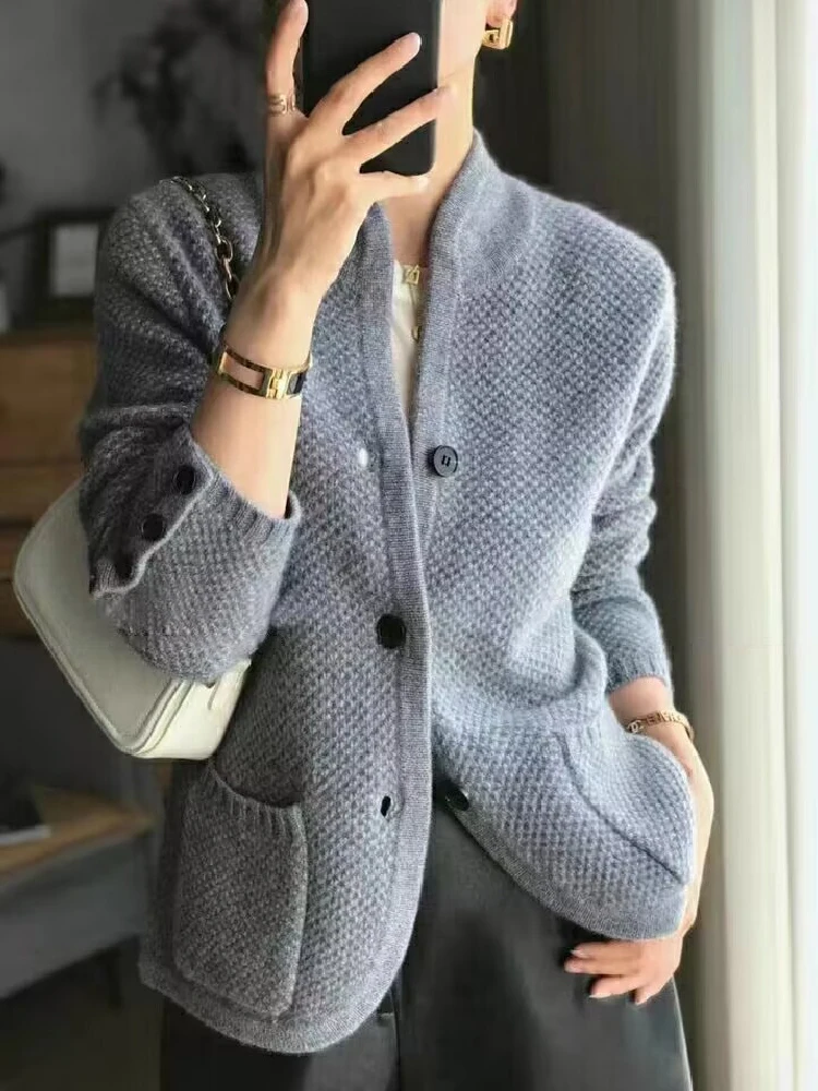 사무실 니트 두꺼운 가디건, 스탠드업 칼라 스웨터, 루즈한 코트, 우아한 캐주얼, 시크한 여성용 버튼 포켓 재킷 상의, 겨울