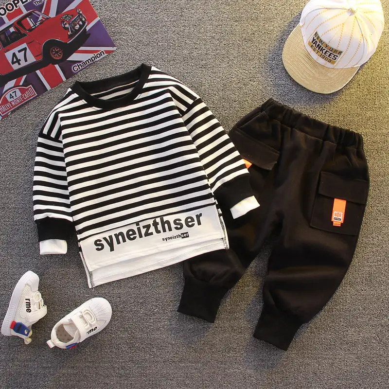 2PCS/Sets Autumn Kids Girl Boys Clothing Infant Casual Sport Strips T Shirt Pants Cotton Tracksuits