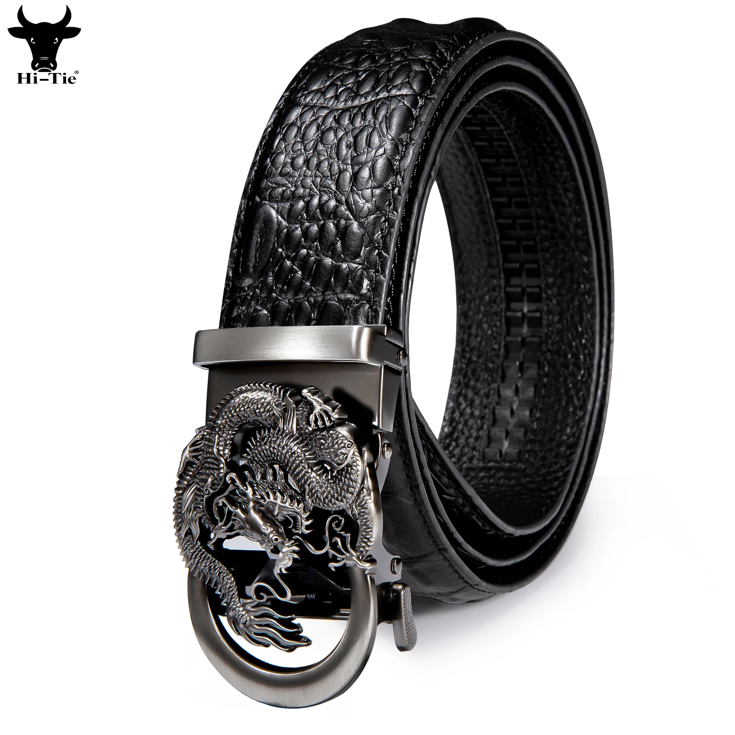 

Hi-Tie Dragon автоматические пряжки мужские ремни Черный крокодиловый узор кожаный храповик винтажный пояс для мужчин джинсовое платье XL