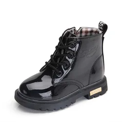 Children's Winter Waterproof Plush Boots - PU Leather Casual Snow Sneakers - 34(insole 20.8cm) (001Black)
