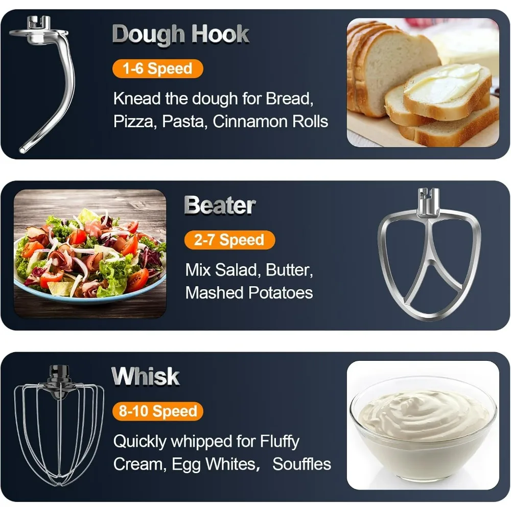 10-Speed 6.5 Quart Tilt-Head Electric Stand Mixer with 3-in-1 Kitchen Attachments: Mixing Bowl, Dough Hook, Whisk, and Beater fo