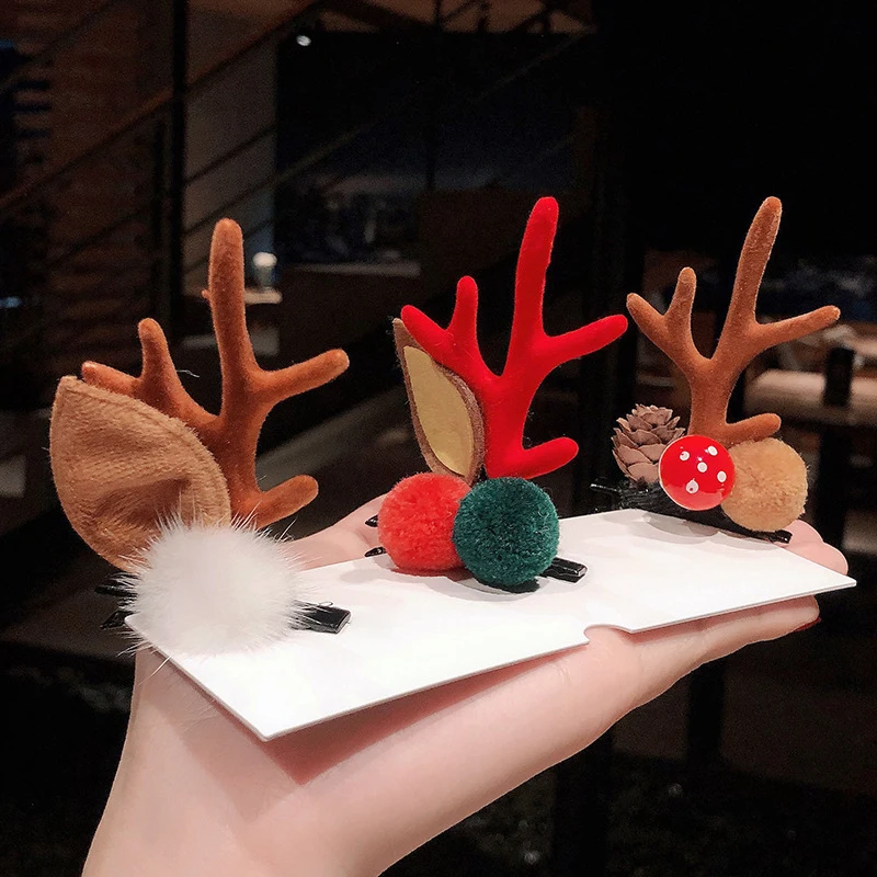 2Pcs/Set Christmas Hair Clips For Girls Cute Deer Ear Hairgrips Kids Xmas Antler Hairpin Barrette Hair Accessory Party Headwear