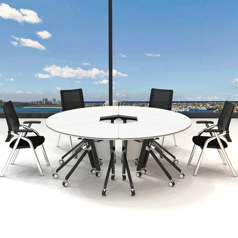Simple folding training table steel and wood black and white oval splicing combined conference table long table movable desks