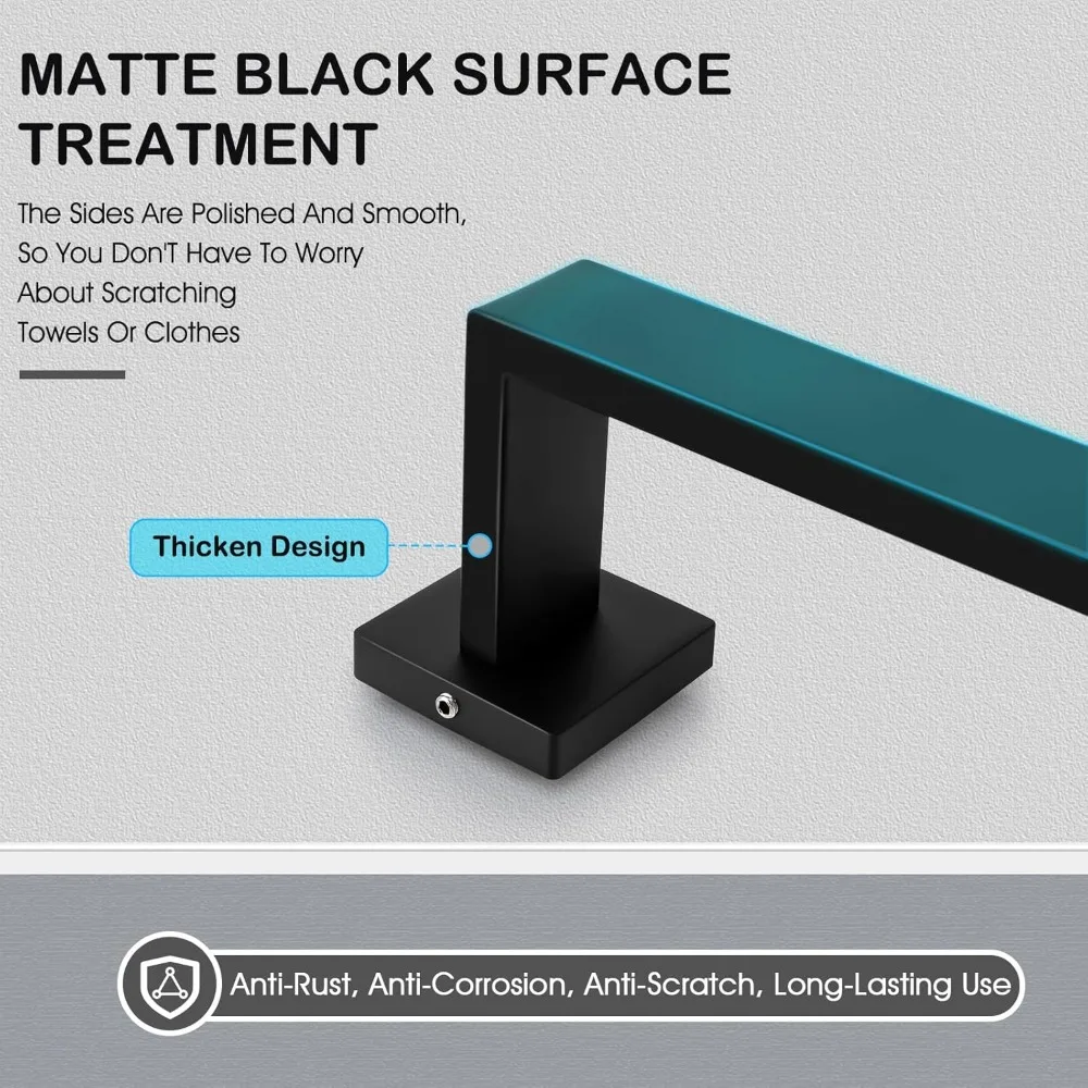 15 matte black bathroom hardware sets, 23.3-inch towel rack, square, SUS304 stainless steel, heavy-duty towel rack set
