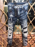 new design D2 Men Jeans Printed Coolguy Long Pants Straight Multiple Pockets Hole SLIM blue D2 embedded jeans pant 9608 1