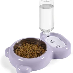 Double Bowl Cat Feeding Set with Automatic Water Dispenser - XXL (PURPLE)