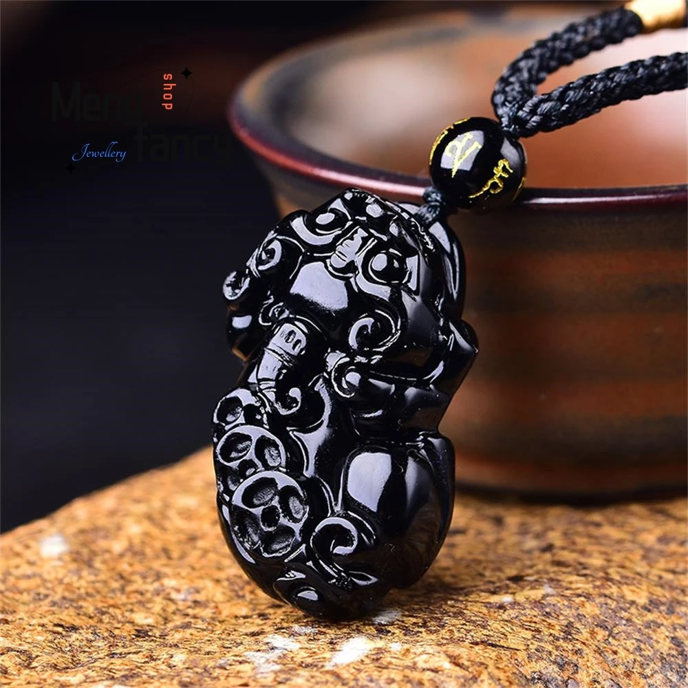 Natural Obsidian Pixiu Pendant Engraver Amulet Wedding Souvenir Fashion Jewelry Paired Couple WomenMen Necklace Gifts