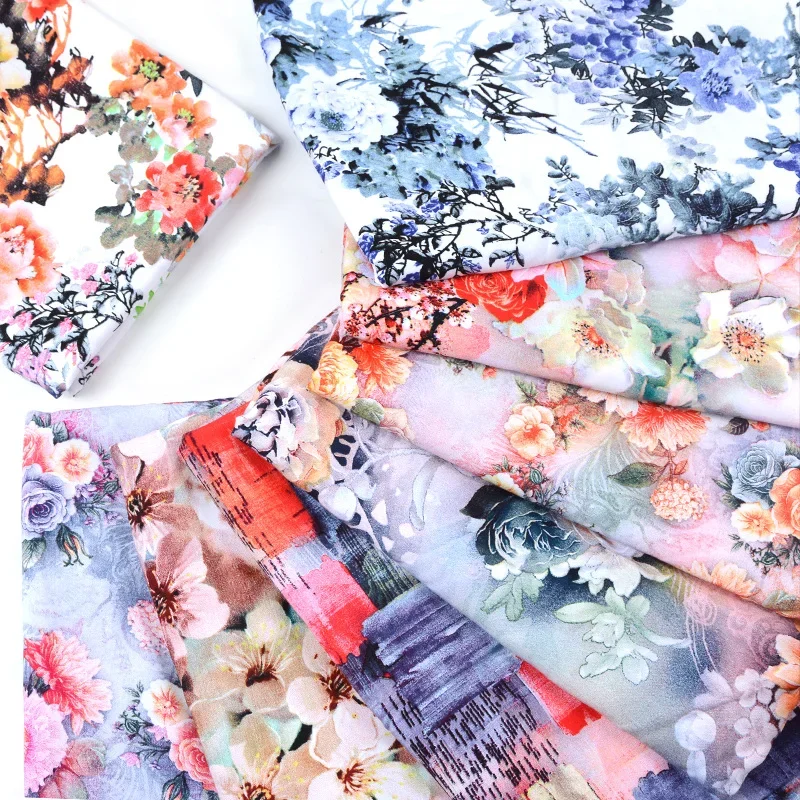 

High Grade Digital 3D Printing Cotton Silk Fabric Dress Brocade Sewing By The Meter Floral Plant Color Geometric Printed DIY