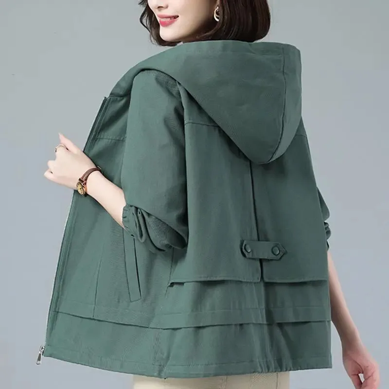 

Casual Short Coat Female Spring Autumn 2023 New Fashion 40-50-Year Middle-Aged Mom Hooded Jacket Women Loose Windbreaker H2788