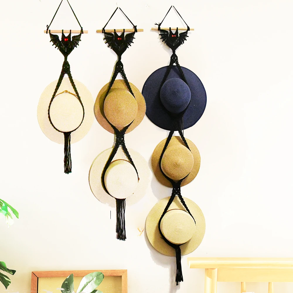handmade macrame hat holster bat shape hat hanging shelf on wall for home decoration