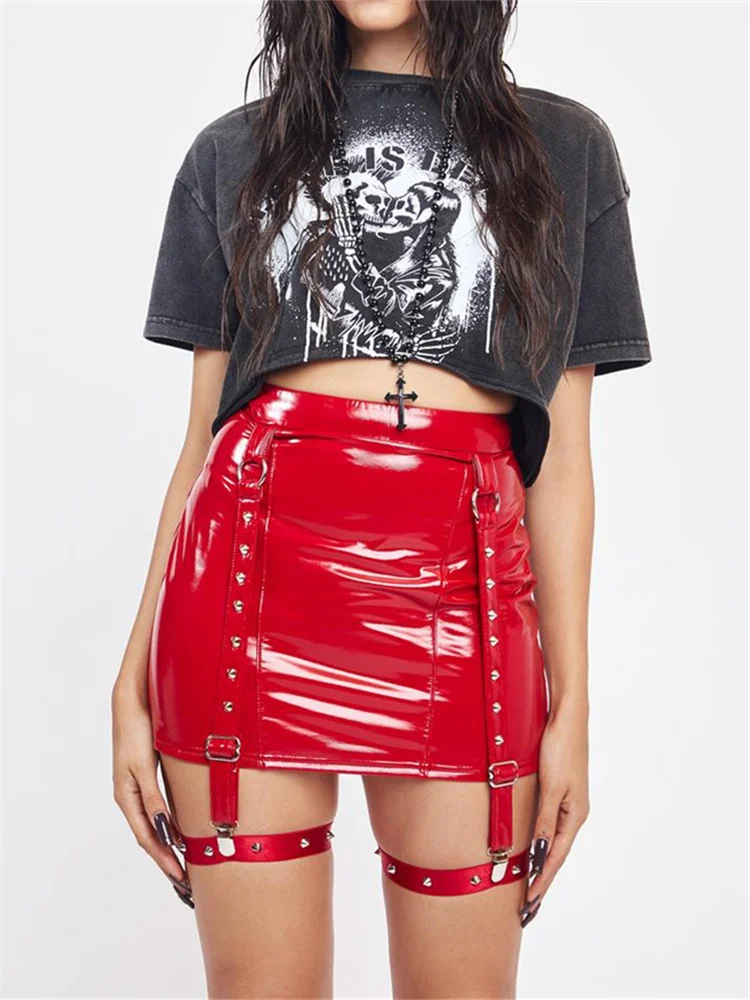 Women Pu Leather Mini Skirt High Waist Bodycon Skirt With Garter Belts