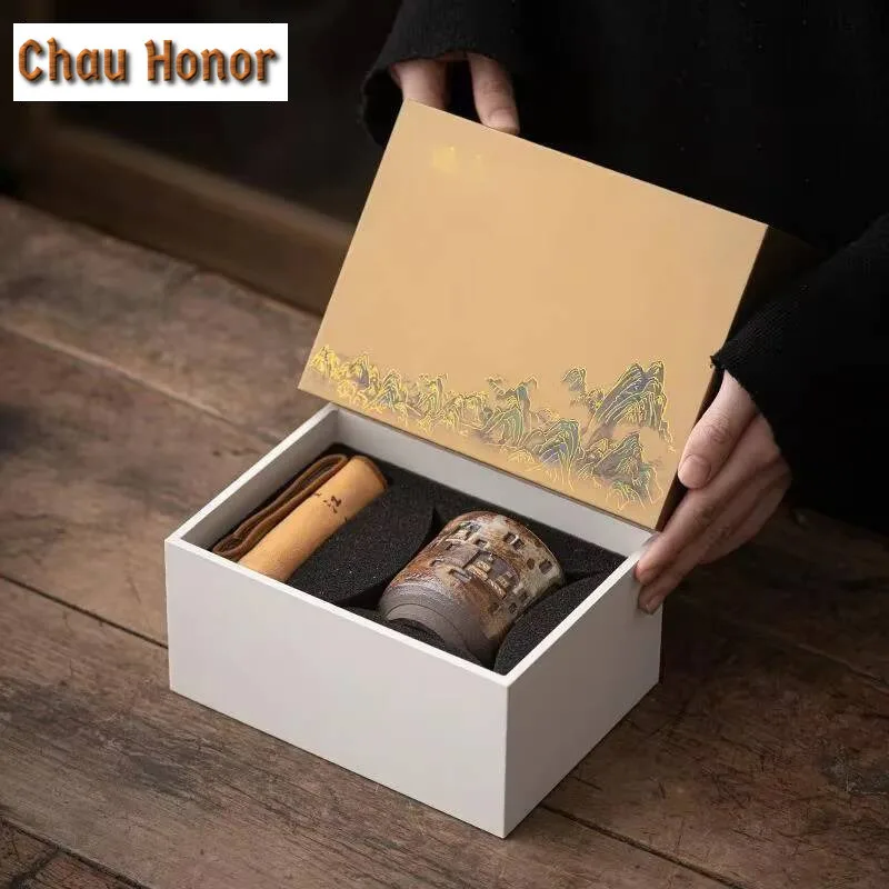 High End Wood-fired Porcelain Teacup Handmade Dunhuang Personal Master Cup Hand Carved Grotto Statue Mug Drinkware Collection