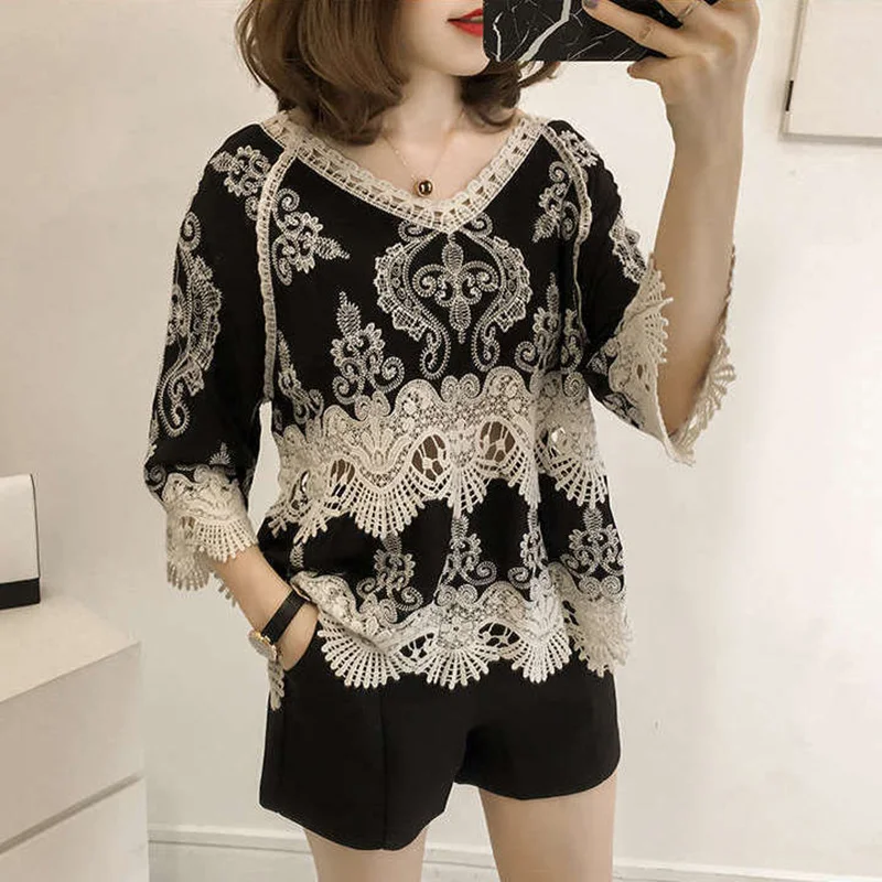 

Elegant Ruffles Spliced Embroidery Hollow Out Lace Blouse Women's Clothing 2023 Summer New Casual Pullovers Office Lady Shirt