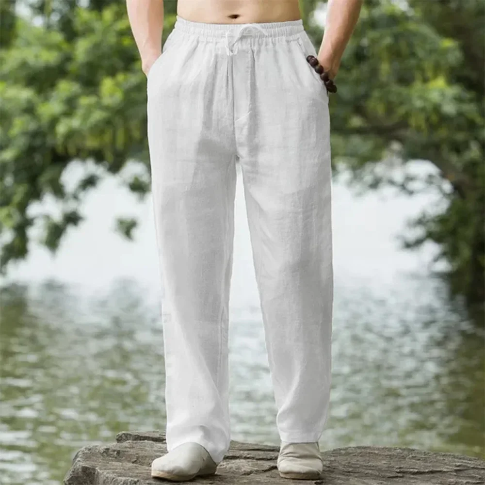 Men’s cotton linen beach pants in loose jogger style, casual sweatpants for Hawaiian vacation and summer streetwear