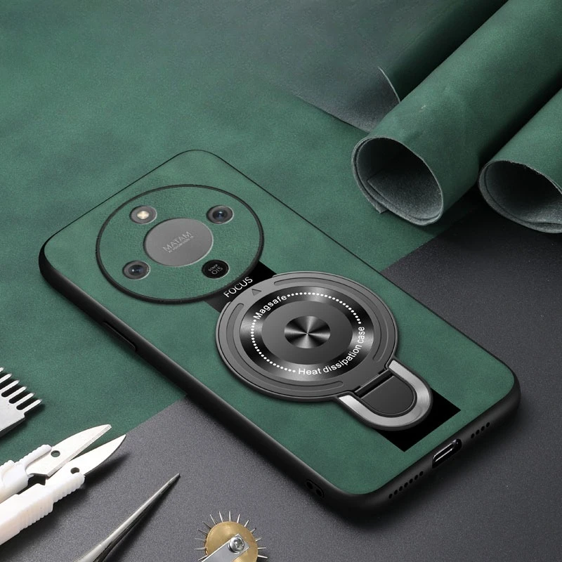 Magnetic Wireless Charging Ring Holder Leather Shockproof Case with Bracket